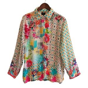 Shana Floral‎ Geometric Viscose Silk Button Up Blouse Multi Color Long Sleeve XL